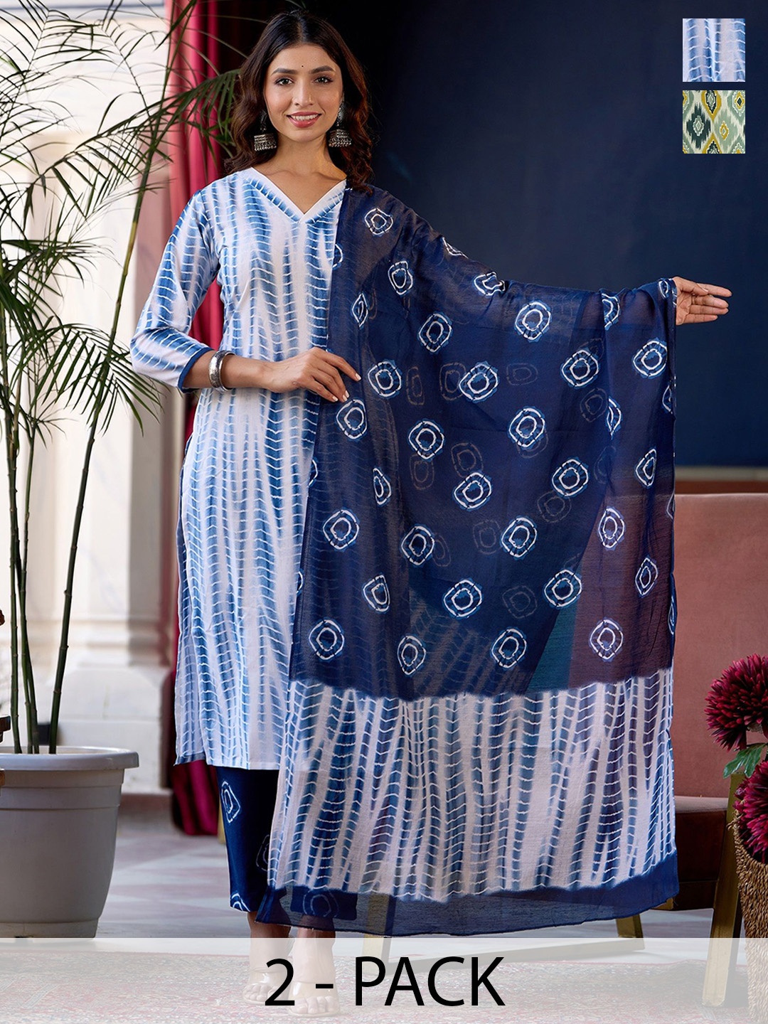 KALINI Selection Of 2 Shibori Dyed V-Neck Straight Kurtas With Trousers And Dupattas, White
KALINI Selection Of 2 Shibori Dyed V-Neck Straight Kurtas With Trousers And Dupattas, White