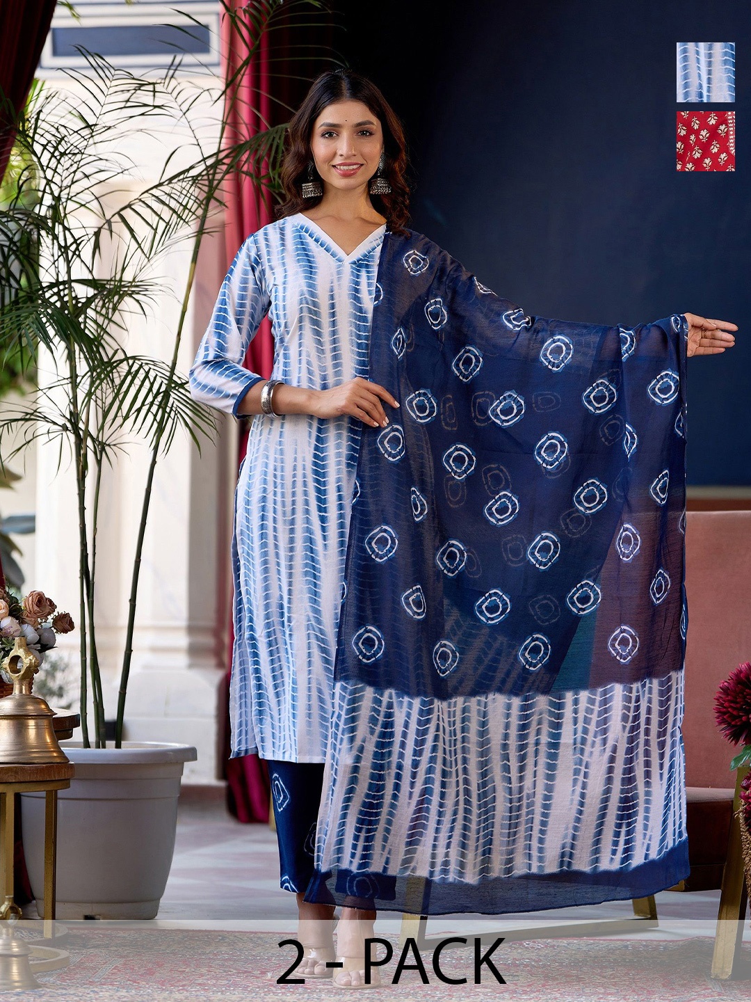 KALINI Selection Of 2 Shibori Dyed V-Neck Straight Kurtas With Trousers And Dupattas, White
KALINI Selection Of 2 Shibori Dyed V-Neck Straight Kurtas With Trousers And Dupattas, White