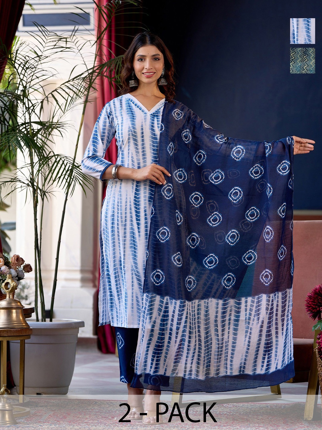 KALINI Selection Of 2 Shibori Dyed V-Neck Straight Kurtas With Trousers And Dupattas, White
KALINI Selection Of 2 Shibori Dyed V-Neck Straight Kurtas With Trousers And Dupattas, White