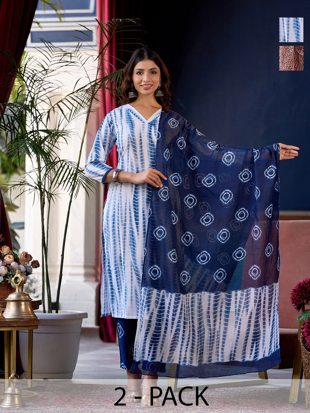 KALINI Selection Of 2 Shibori Dyed V-Neck Straight Kurtas With Trousers And Dupattas, White
KALINI Selection Of 2 Shibori Dyed V-Neck Straight Kurtas With Trousers And Dupattas, White