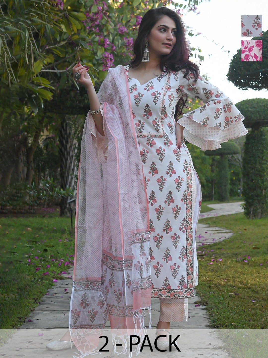 KALINI Selection Of 2 Floral Printed Notch Neck Straight Kurtas With Trousers And Dupattas, White
KALINI Selection Of 2 Floral Printed Notch Neck Straight Kurtas With Trousers And Dupattas, White