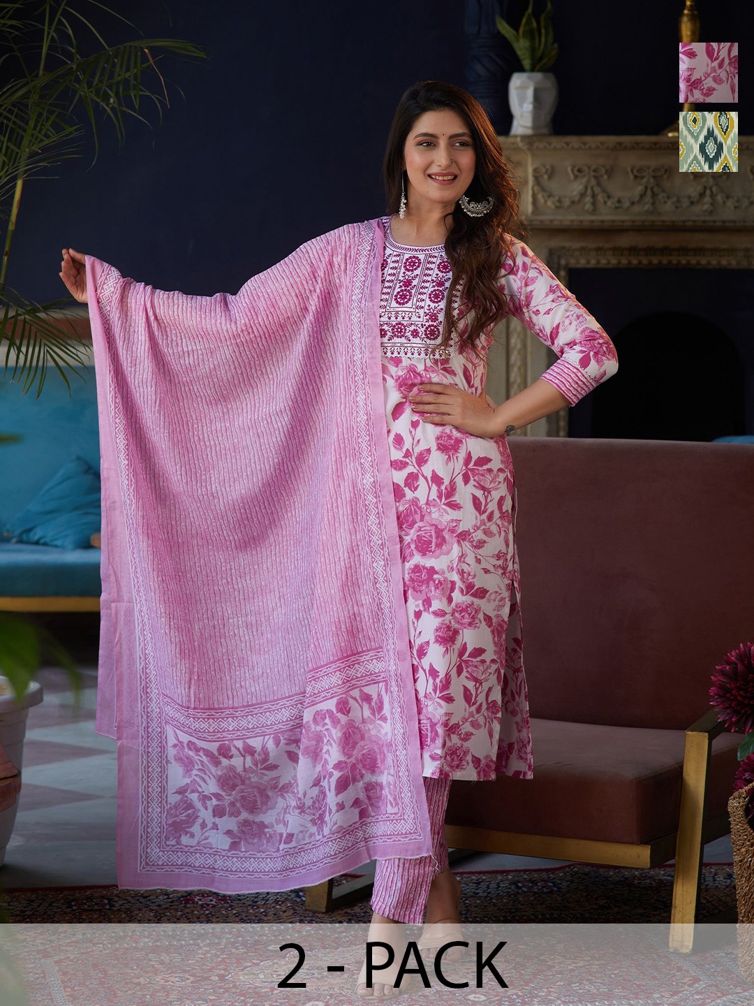 KALINI Selection Of 2 Geometric Printed Notch Neck Kurtas With Trousers & Dupattas, Pink
KALINI Selection Of 2 Geometric Printed Notch Neck Kurtas With Trousers & Dupattas, Pink