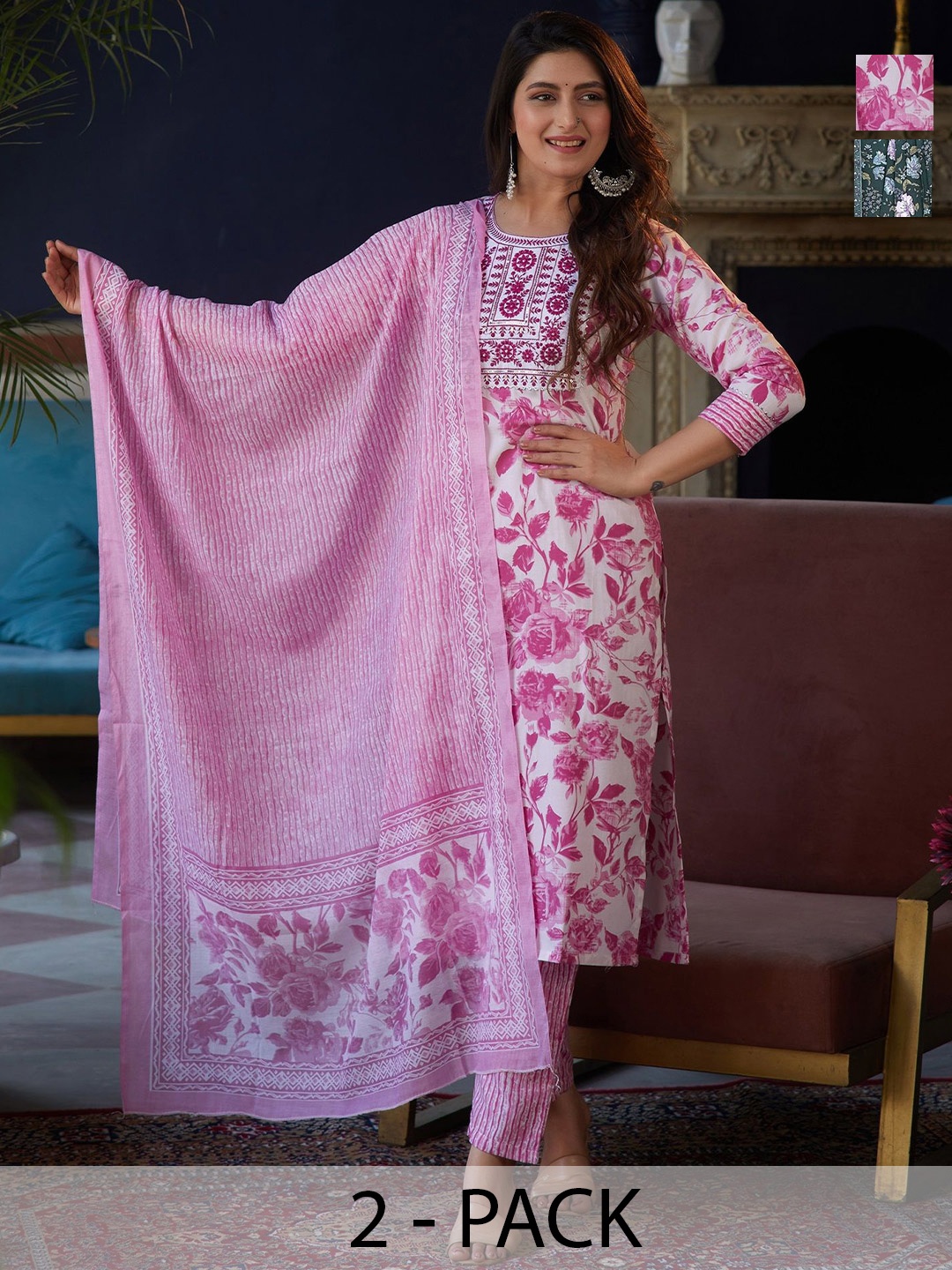 KALINI Selection Of 2 Floral Printed Straight Kurtas With Trousers And Dupattas, White
KALINI Selection Of 2 Floral Printed Straight Kurtas With Trousers And Dupattas, White
