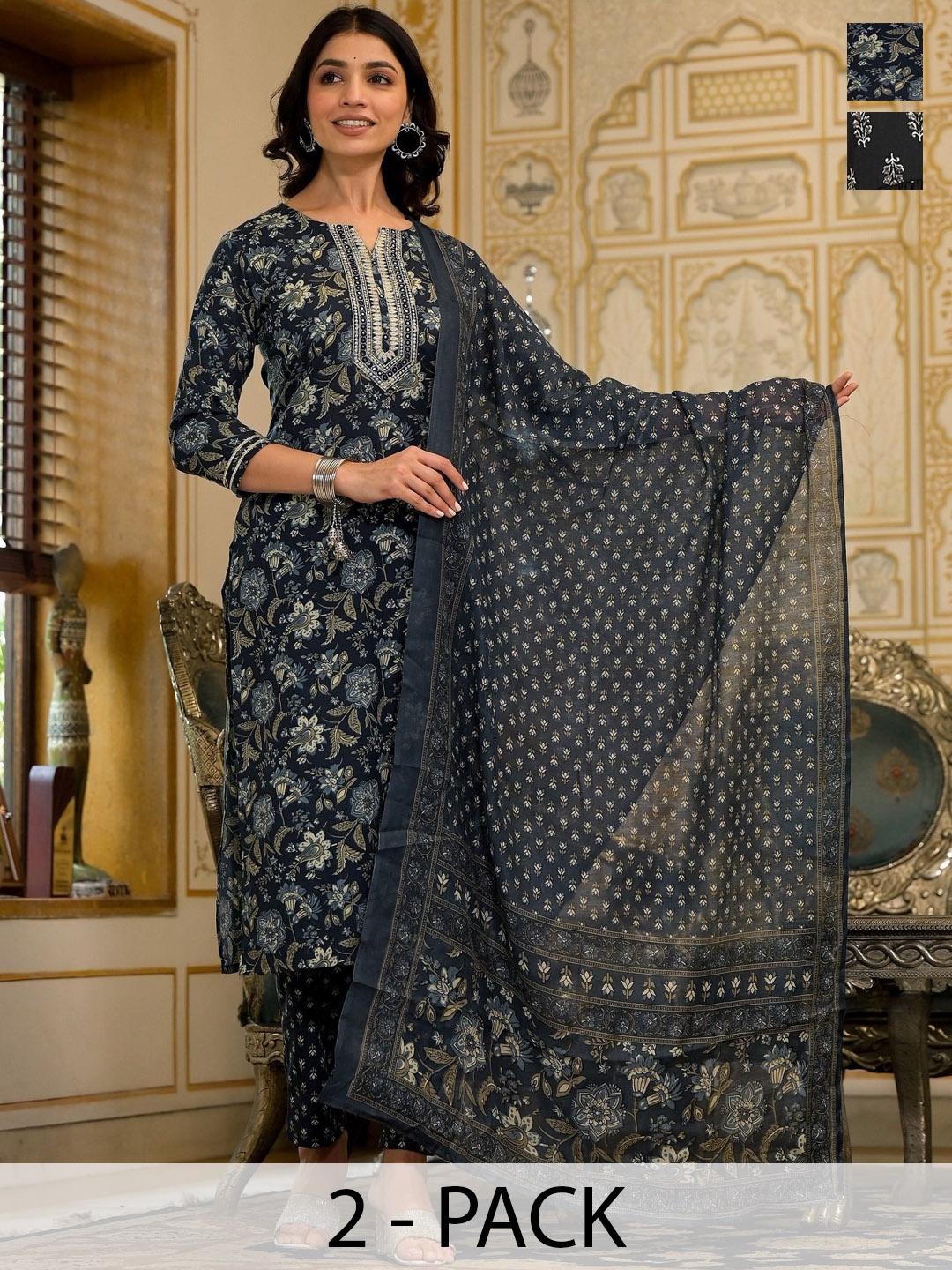 KALINI Selection Of 2 Floral Printed Notch Neck Straight Kurtas With Trousers And Dupattas, Navy blue
KALINI Selection Of 2 Floral Printed Notch Neck Straight Kurtas With Trousers And Dupattas, Navy blue