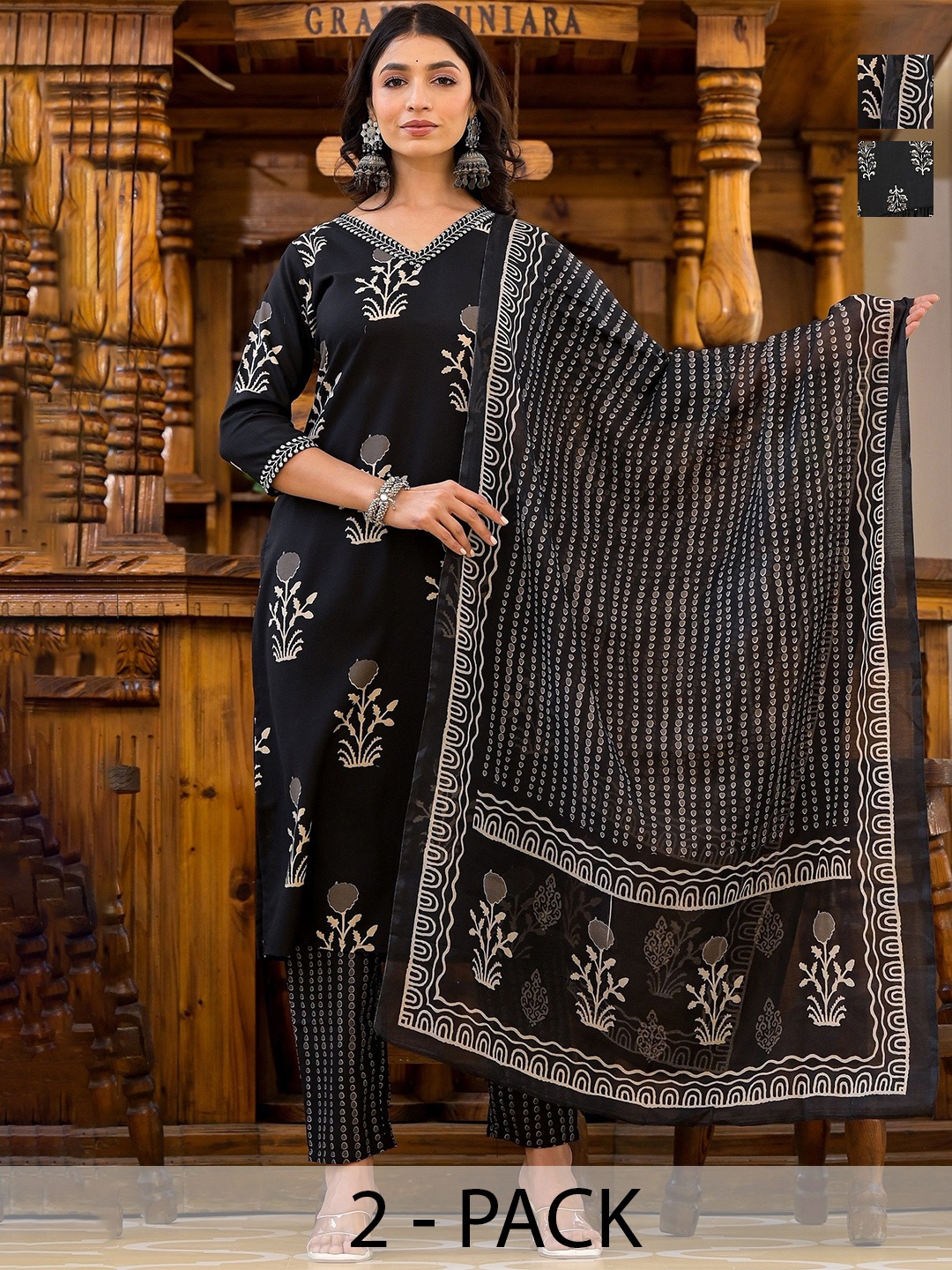 KALINI Selection Of 2 Floral Printed Straight Kurta with Trousers And Dupatta, Black
KALINI Selection Of 2 Floral Printed Straight Kurta with Trousers And Dupatta, Black