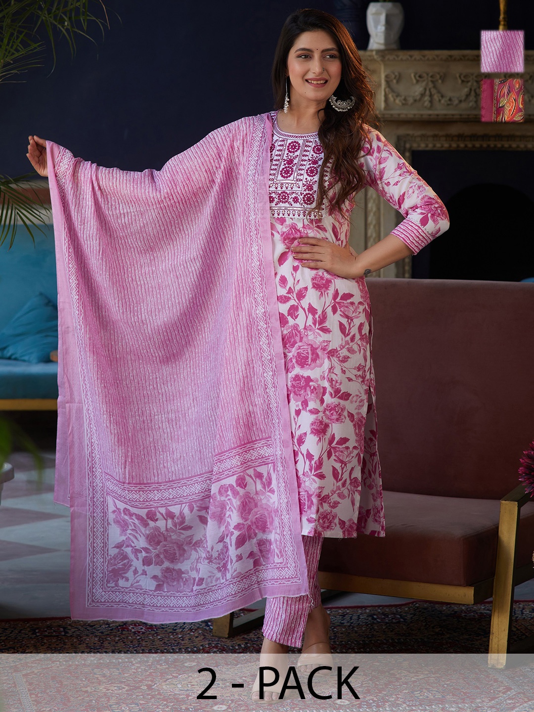 KALINI Selection Of 2 Floral Printed Straight Kurtas With Trousers And Dupattas, White
KALINI Selection Of 2 Floral Printed Straight Kurtas With Trousers And Dupattas, White