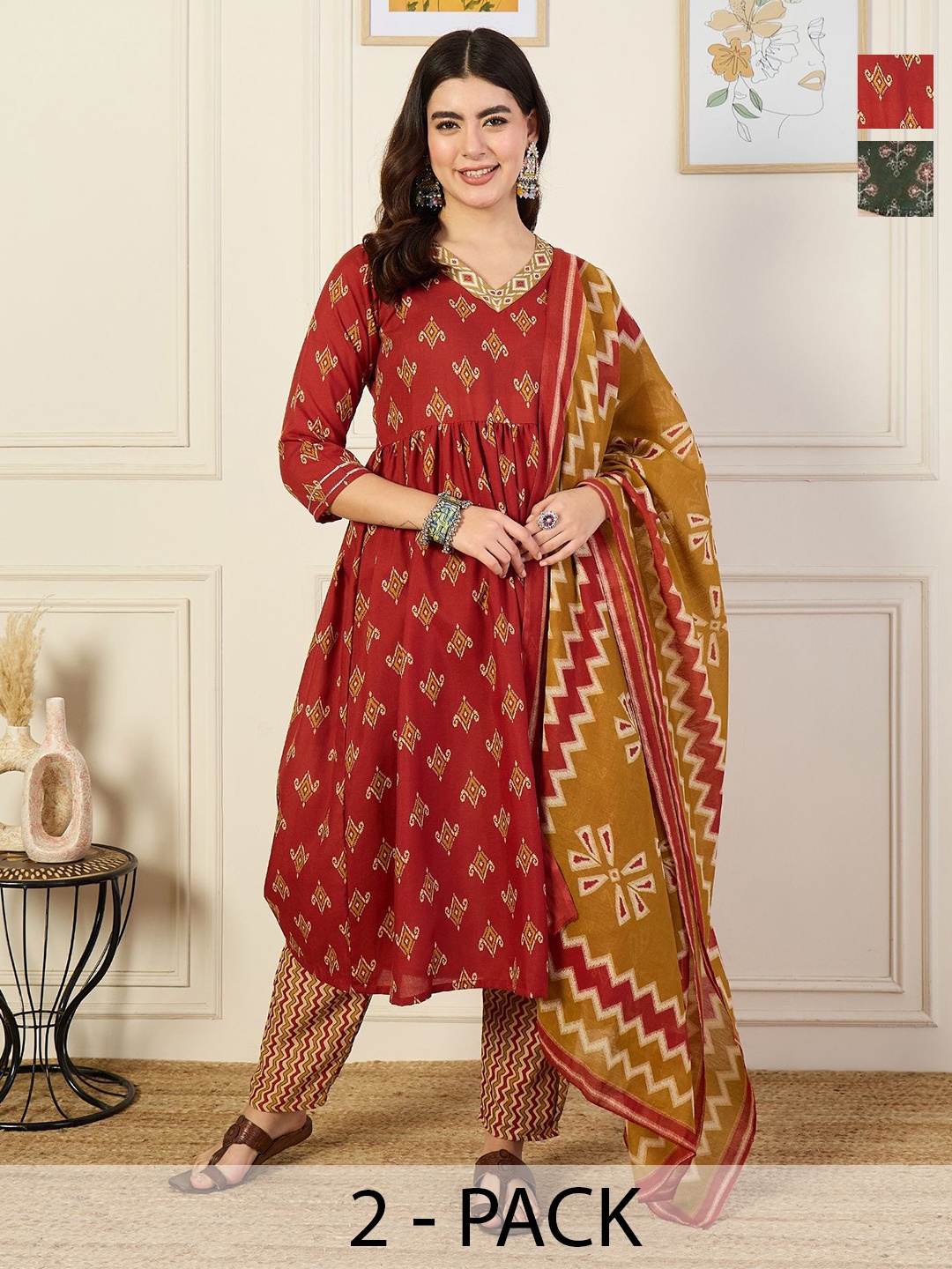 KALINI Selection Of 2 Geometric Printed V-Neck Anarkali Kurta With Trousers And Dupatta, Maroon
KALINI Selection Of 2 Geometric Printed V-Neck Anarkali Kurta With Trousers And Dupatta, Maroon