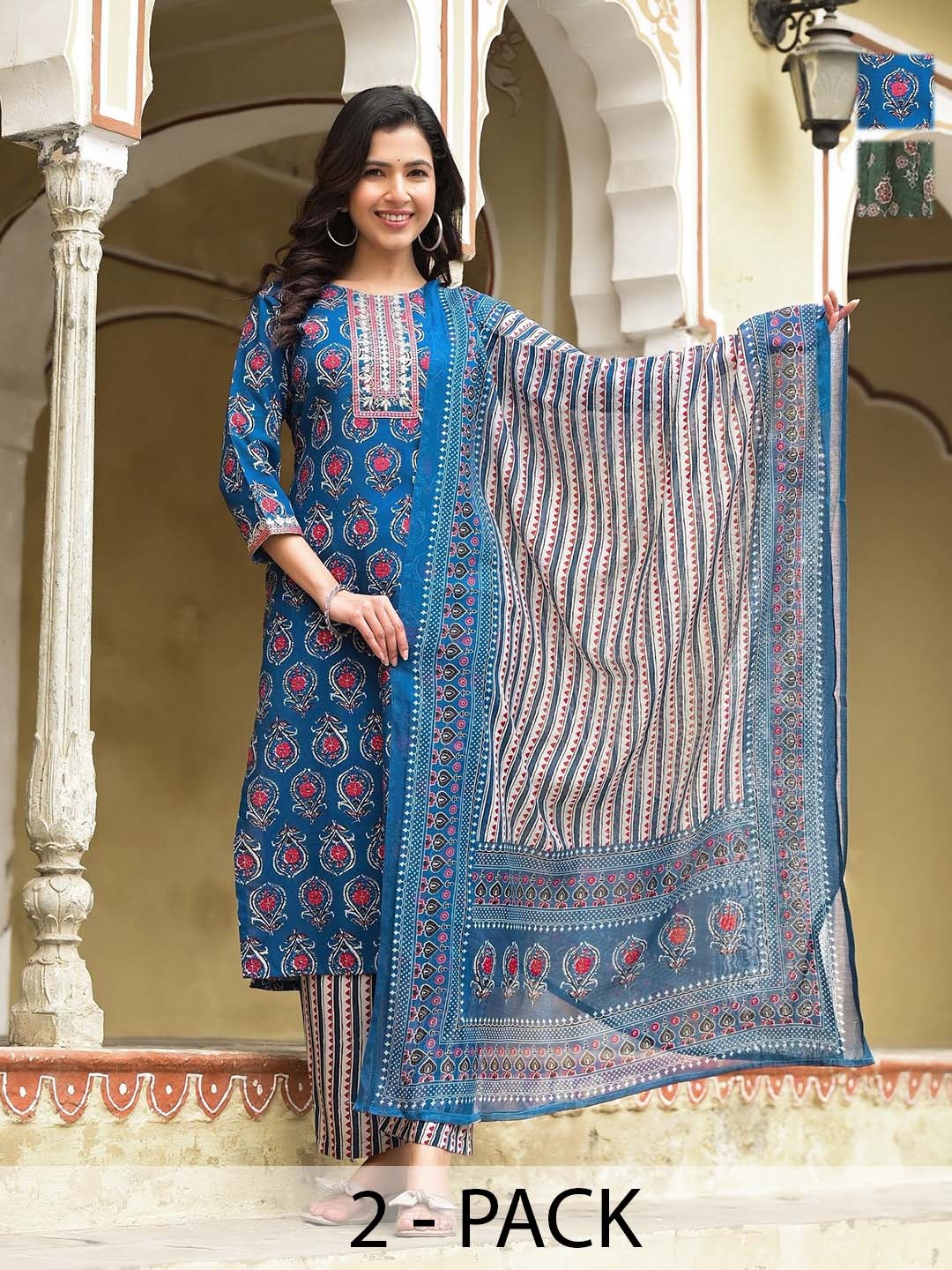 KALINI Selection Of 2 Floral Printed Straight Kurtas With Trousers And Dupattas, Blue
KALINI Selection Of 2 Floral Printed Straight Kurtas With Trousers And Dupattas, Blue