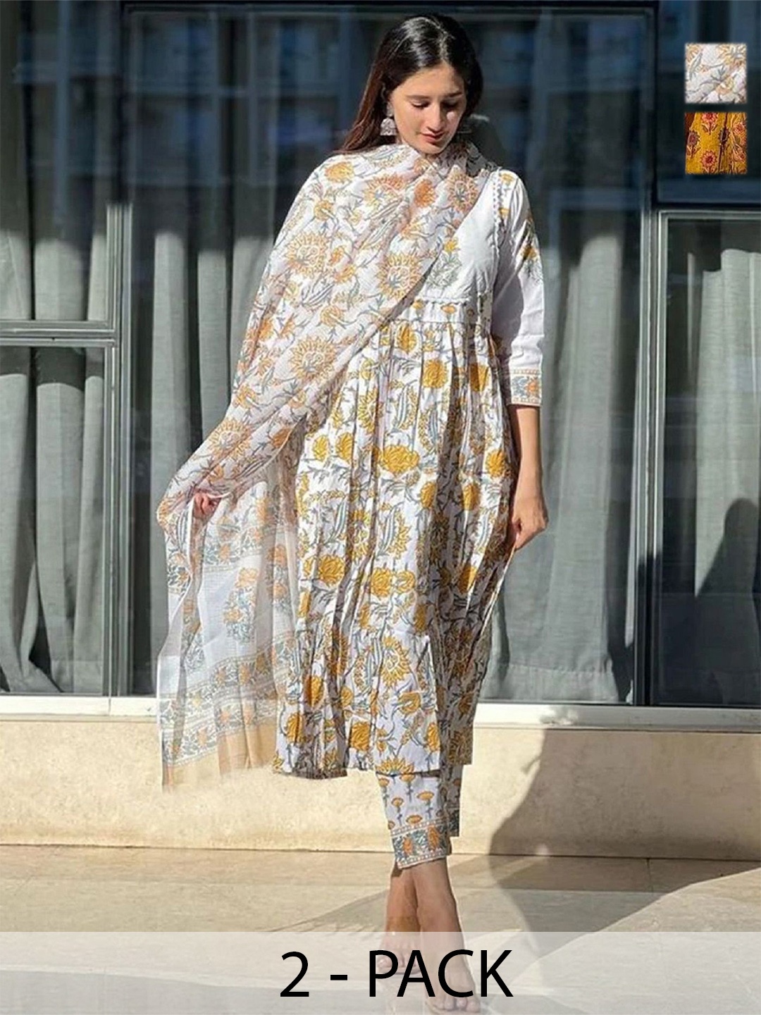 KALINI Selection Of 2 Floral Printed A-Line Kurtas With Trousers And Dupattas, White
KALINI Selection Of 2 Floral Printed A-Line Kurtas With Trousers And Dupattas, White
