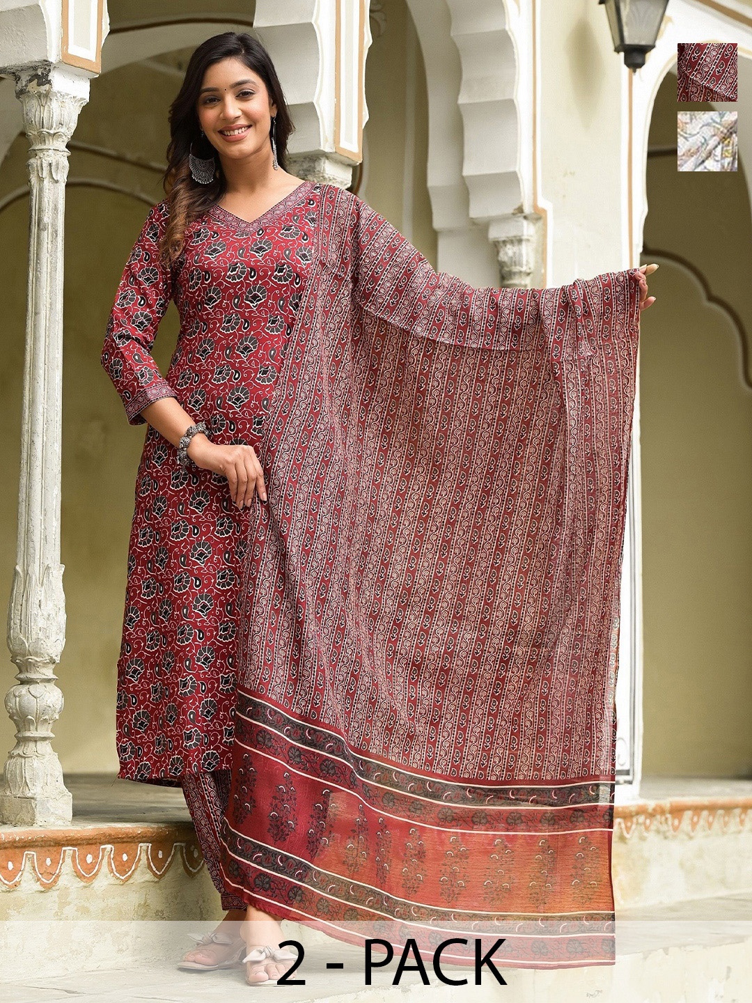 KALINI Selection Of 2 Ethnic Motifs Printed V-Neck Kurtas With Salwars & Dupattas, Maroon
KALINI Selection Of 2 Ethnic Motifs Printed V-Neck Kurtas With Salwars & Dupattas, Maroon