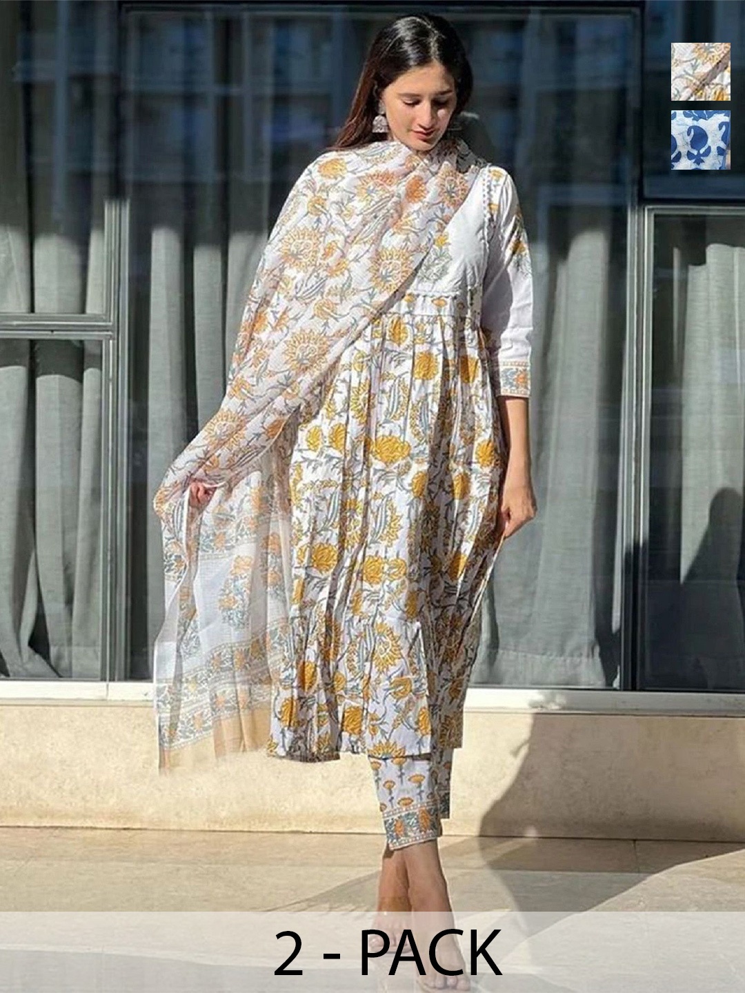 KALINI Selection of 2 Floral Printed Anarkali Kurta With Trousers And Dupatta, White
KALINI Selection of 2 Floral Printed Anarkali Kurta With Trousers And Dupatta, White