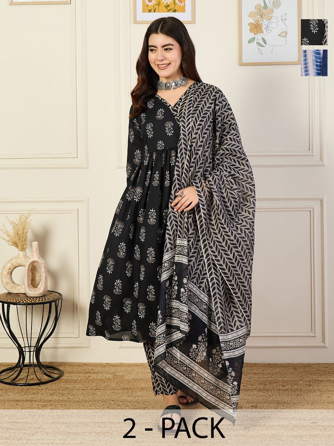 KALINI Selection Of 2 Ethnic Motifs Printed Angrakha A-Line Kurta With Trousers & Dupattas, Black
KALINI Selection Of 2 Ethnic Motifs Printed Angrakha A-Line Kurta With Trousers & Dupattas, Black