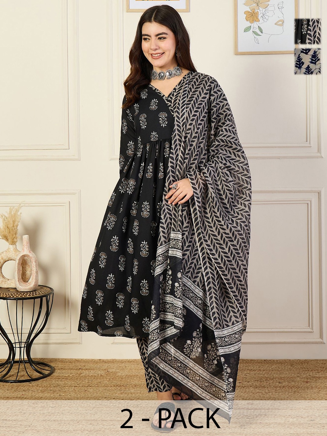 KALINI Selection Of 2 Ethnic Motifs Printed Angrakha A-Line Kurta With Trousers & Dupattas, Black
KALINI Selection Of 2 Ethnic Motifs Printed Angrakha A-Line Kurta With Trousers & Dupattas, Black