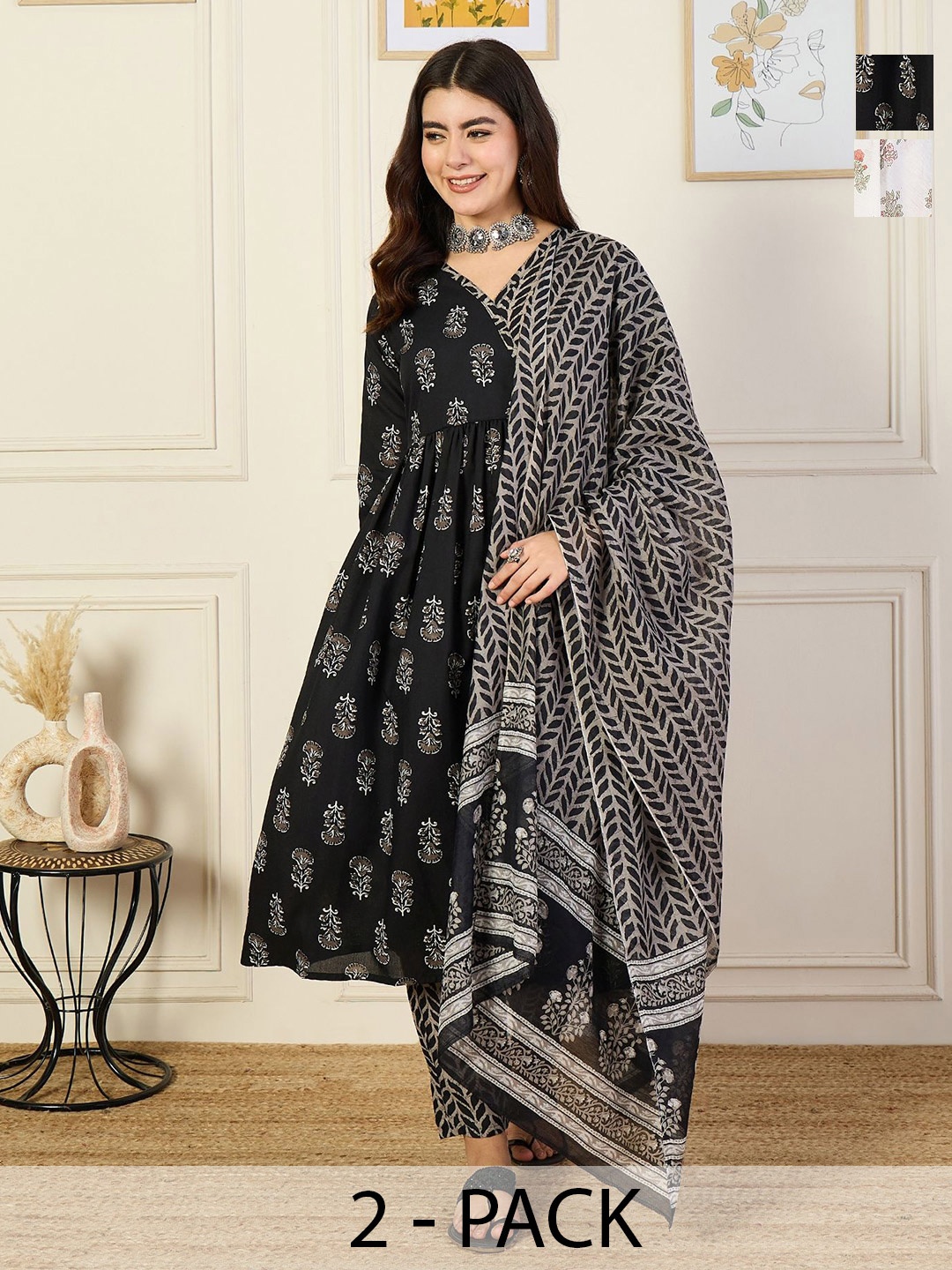 KALINI Selection Of 2 Ethnic Motifs Printed Angrakha A-Line Kurta With Trousers & Dupattas, Black
KALINI Selection Of 2 Ethnic Motifs Printed Angrakha A-Line Kurta With Trousers & Dupattas, Black