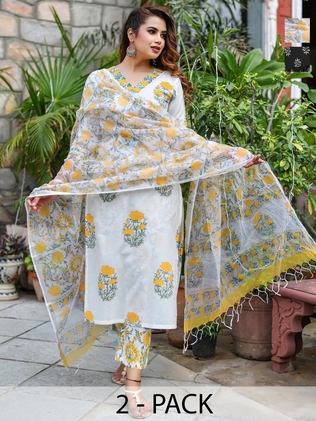 KALINI Selection of 2 Floral Printed V-Neck Straight Kurta With Trousers And Dupatta, White
KALINI Selection of 2 Floral Printed V-Neck Straight Kurta With Trousers And Dupatta, White