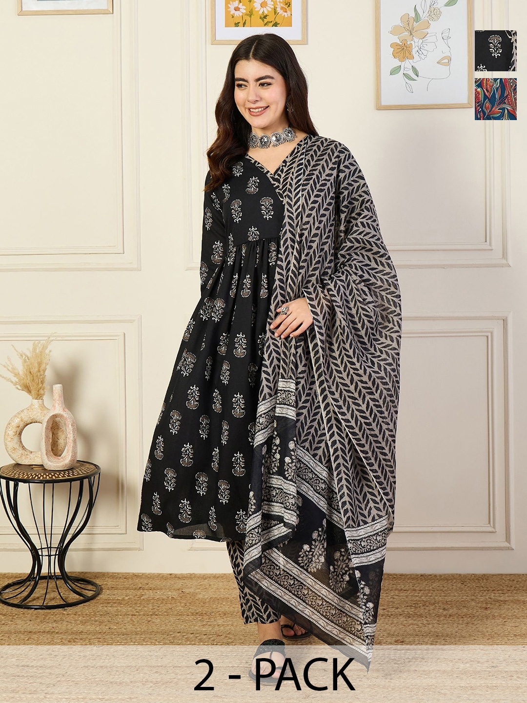KALINI Selection Of 2 Floral Printed V-Neck Straight Kurtas With Trousers And Dupattas, Black
KALINI Selection Of 2 Floral Printed V-Neck Straight Kurtas With Trousers And Dupattas, Black