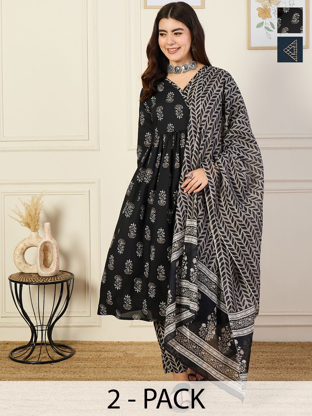 KALINI Selection of 2 Floral Printed V-Neck Anarkali Kurta With Trousers And Dupatta, Black
KALINI Selection of 2 Floral Printed V-Neck Anarkali Kurta With Trousers And Dupatta, Black