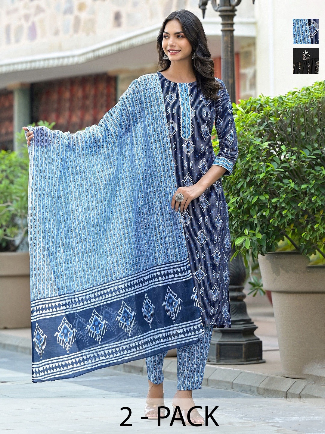 KALINI Selection of 2 Ethnic Motifs Printed Embroidered Kurta With Trousers And Dupatta, Blue
KALINI Selection of 2 Ethnic Motifs Printed Embroidered Kurta With Trousers And Dupatta, Blue