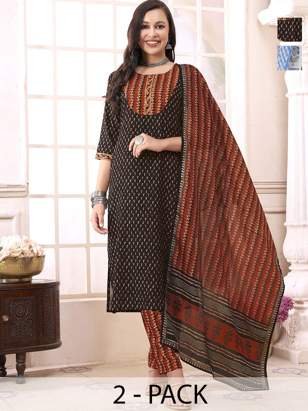 KALINI Selection of 2 Ethnic Motifs Printed Straight Kurta With Trousers And Dupatta, Black
KALINI Selection of 2 Ethnic Motifs Printed Straight Kurta With Trousers And Dupatta, Black