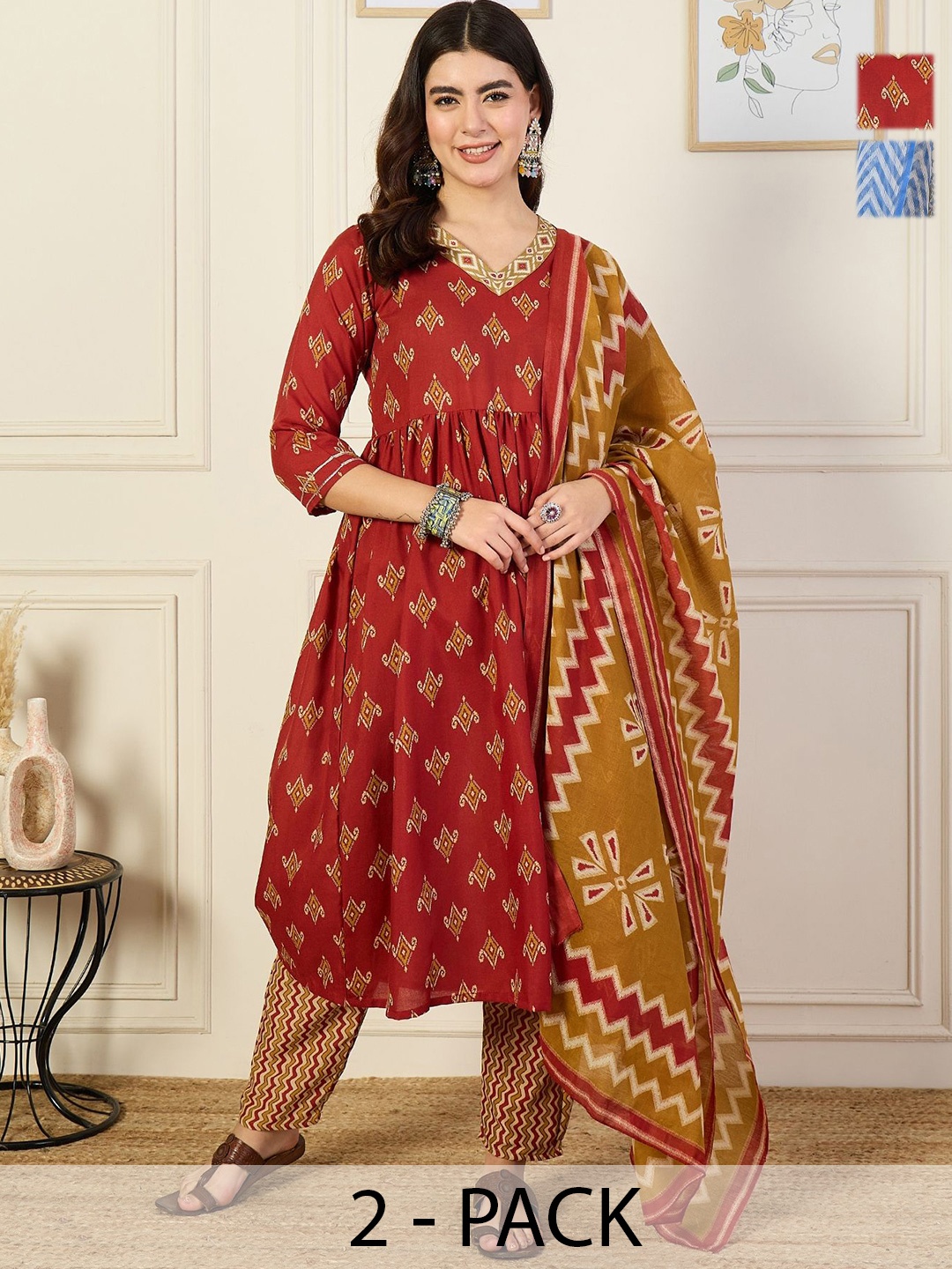KALINI Selection Of 2 Ethnic Motifs Printed V-Neck Kurtas With Trousers & Dupattas, Maroon
KALINI Selection Of 2 Ethnic Motifs Printed V-Neck Kurtas With Trousers & Dupattas, Maroon
