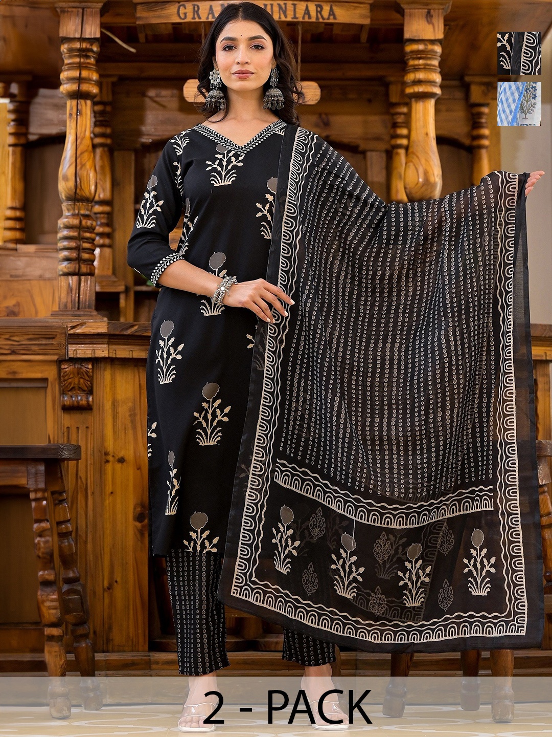KALINI Selection Of 2 Ethnic Motifs Printed V-Neck Kurtas With Trousers & Dupattas, Black
KALINI Selection Of 2 Ethnic Motifs Printed V-Neck Kurtas With Trousers & Dupattas, Black