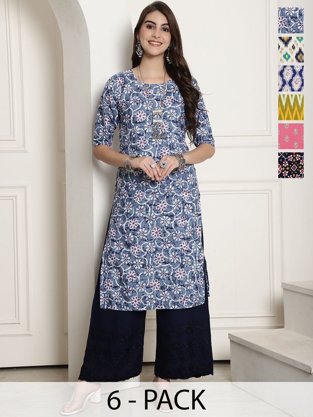 7Threads Selection of 6 Floral & Geometric Printed Round Neck Straight Kurtas, Multi
7Threads Selection of 6 Floral & Geometric Printed Round Neck Straight Kurtas, Multi