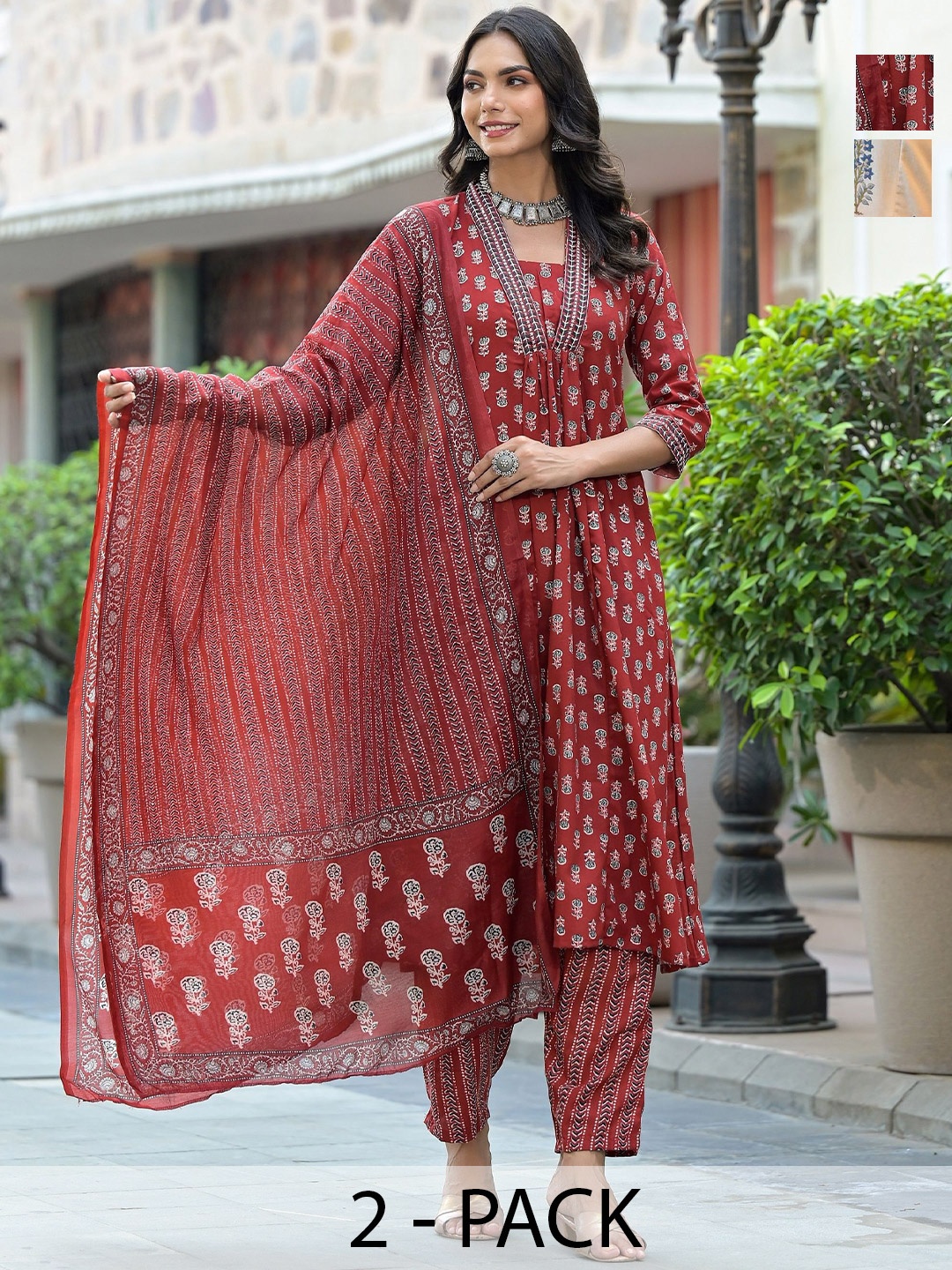 KALINI Selection Of 2 Ethnic Motifs Printed V-Neck Kurtas With Trousers & Dupattas, White
KALINI Selection Of 2 Ethnic Motifs Printed V-Neck Kurtas With Trousers & Dupattas, White