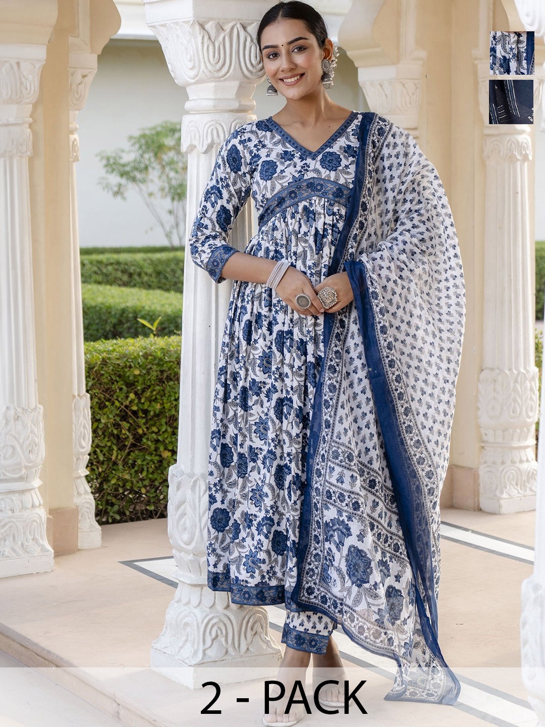 KALINI Selection Of 2 Ethnic Motifs Printed V-Neck Kurtas With Trousers & Dupattas, Navy blue
KALINI Selection Of 2 Ethnic Motifs Printed V-Neck Kurtas With Trousers & Dupattas, Navy blue