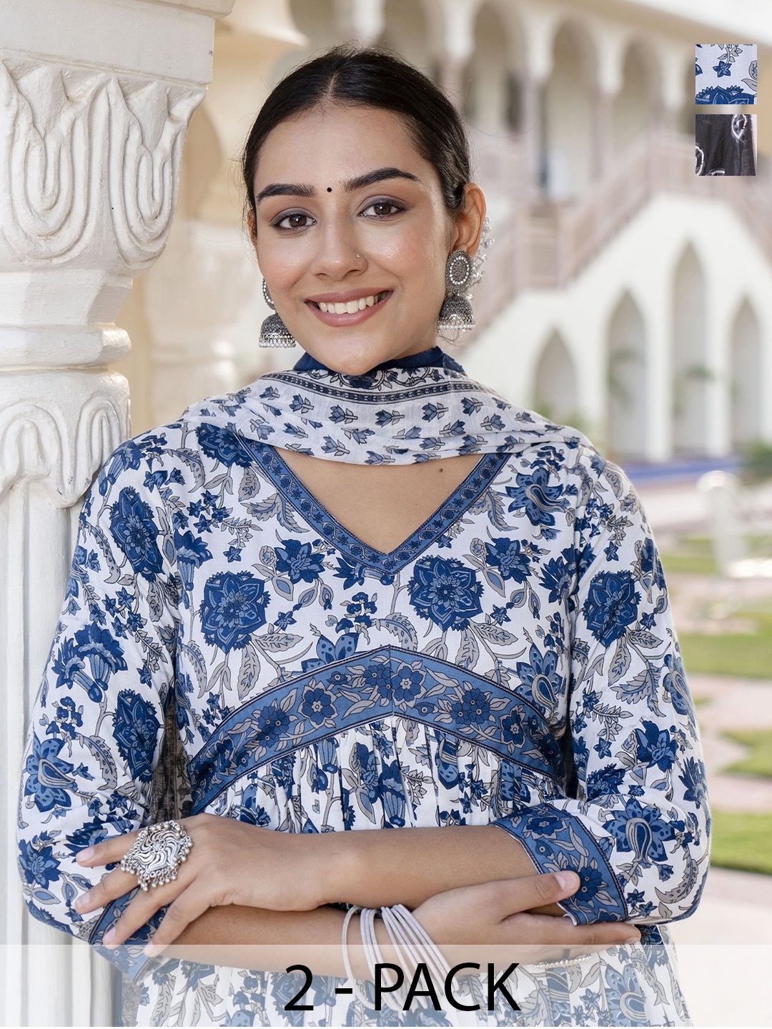KALINI Selection Of 2 Ethnic Motifs Printed V-Neck Kurtas With Trousers And Dupattas, White
KALINI Selection Of 2 Ethnic Motifs Printed V-Neck Kurtas With Trousers And Dupattas, White