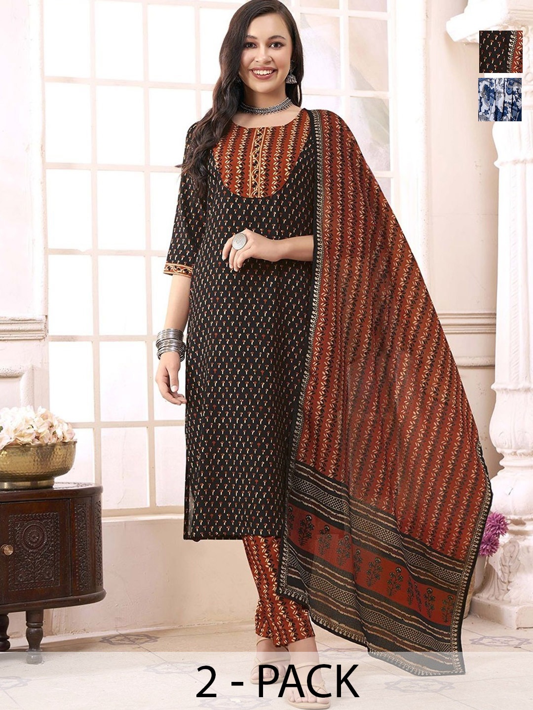 KALINI Selection Of 2 Ethnic Motifs Printed Panelled Kurtas With Trousers & Dupattas, Black
KALINI Selection Of 2 Ethnic Motifs Printed Panelled Kurtas With Trousers & Dupattas, Black