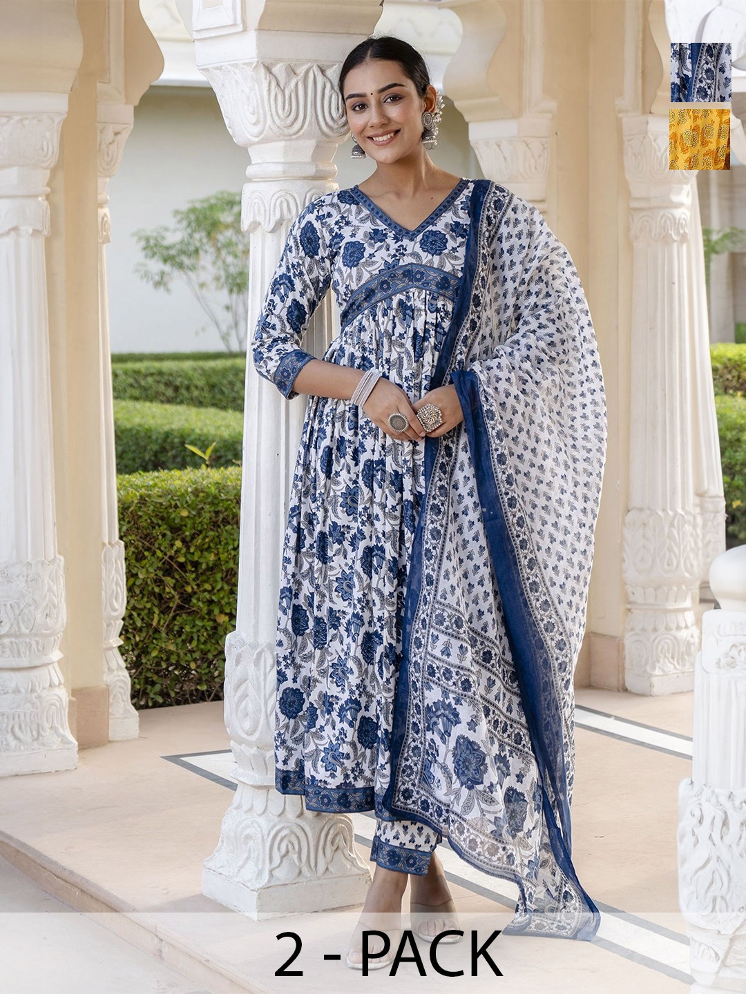 KALINI Selection Of 2 Floral Printed V-neck Empire Anarkali Kurta With Trousers & Dupattas, White
KALINI Selection Of 2 Floral Printed V-neck Empire Anarkali Kurta With Trousers & Dupattas, White