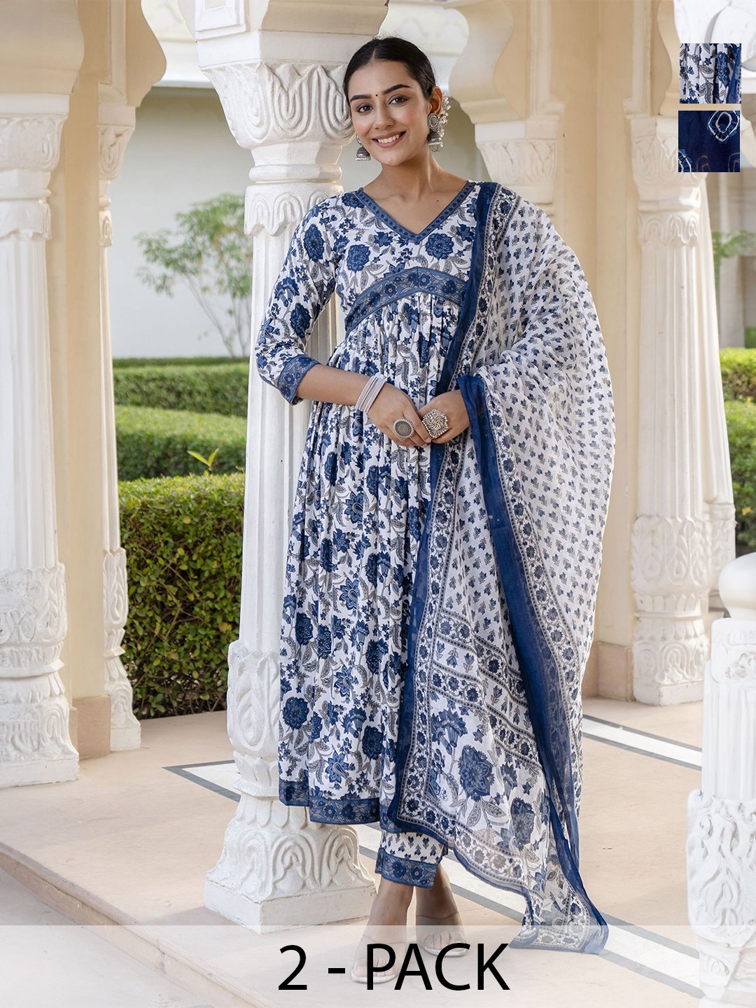 KALINI Selection Of 2 Floral Printed V-neck Empire Anarkali Kurtas With Salwars & Dupattas, White
KALINI Selection Of 2 Floral Printed V-neck Empire Anarkali Kurtas With Salwars & Dupattas, White