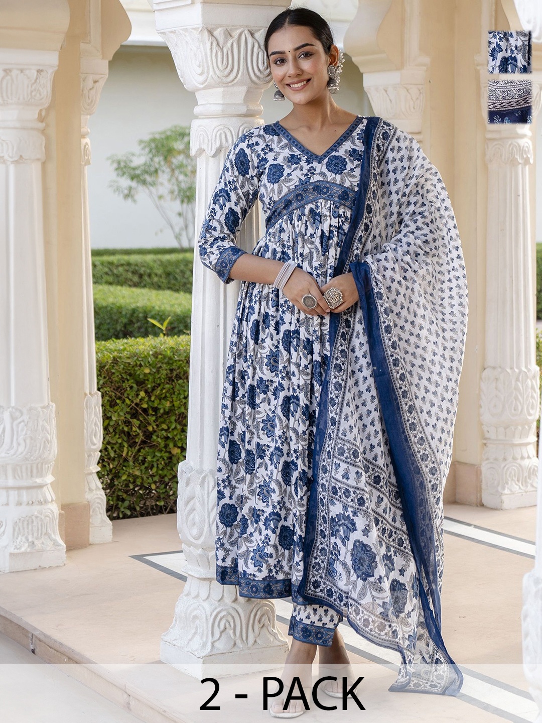 KALINI Selection Of 2 Floral Printed V-neck Empire Anarkali Kurta With Trousers & Dupattas, White
KALINI Selection Of 2 Floral Printed V-neck Empire Anarkali Kurta With Trousers & Dupattas, White