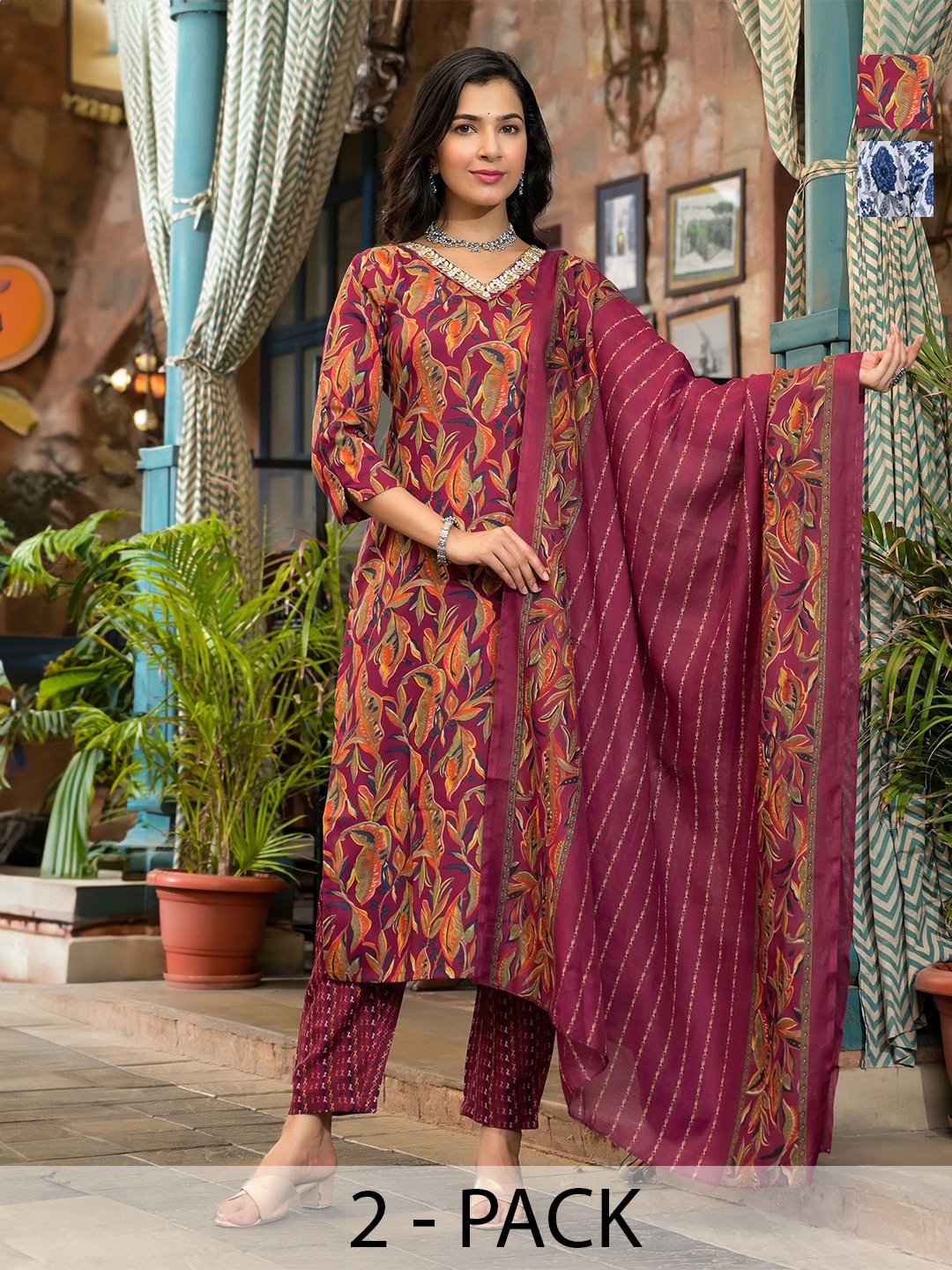KALINI Selection Of 2 Ethnic Motifs Printed V-Neck Kurtas With Trousers And Dupattas, Maroon
KALINI Selection Of 2 Ethnic Motifs Printed V-Neck Kurtas With Trousers And Dupattas, Maroon