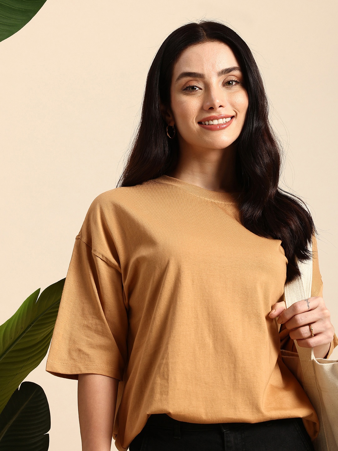Mast & Harbour Oversized Fit Drop-Shoulder Sleeves Pure Cotton T-shirt, Camel brown
Mast & Harbour Oversized Fit Drop-Shoulder Sleeves Pure Cotton T-shirt, Camel brown