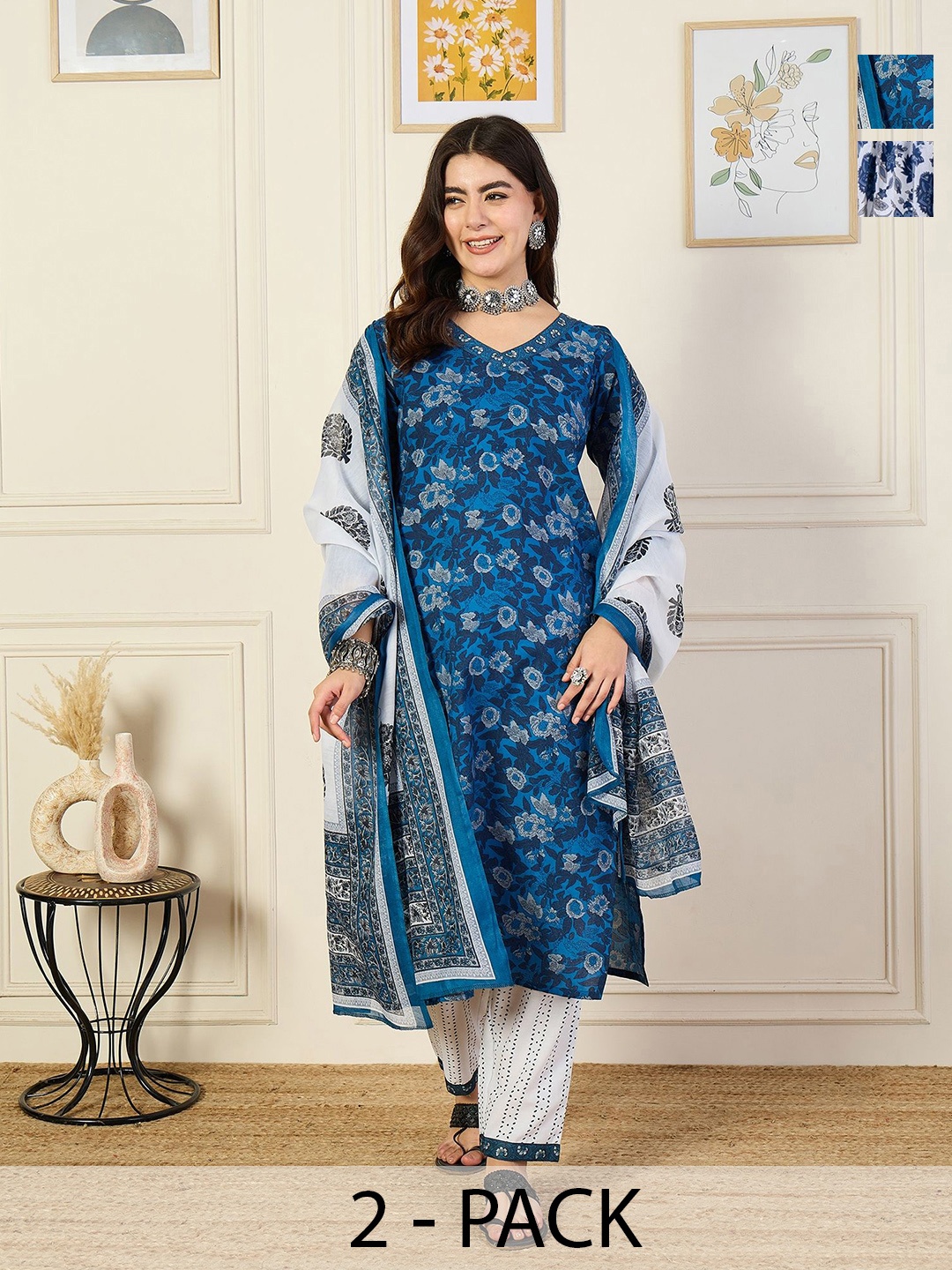 KALINI Selection Of 2 Floral Printed V-neck Straight Kurtas With Trousers & Dupattas, Blue
KALINI Selection Of 2 Floral Printed V-neck Straight Kurtas With Trousers & Dupattas, Blue
