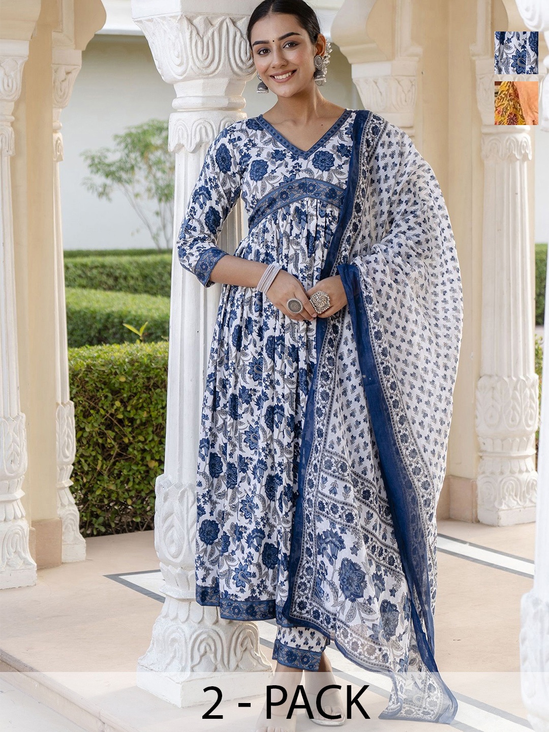 KALINI Selection Of 2 Floral Printed V-neck Empire Anarkali Kurta With Trousers & Dupattas, White
KALINI Selection Of 2 Floral Printed V-neck Empire Anarkali Kurta With Trousers & Dupattas, White