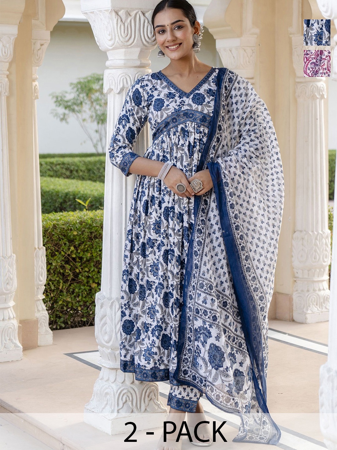 KALINI Selection Of 2 Ethnic Motifs Printed V-Neck Kurtas With Trousers And Dupattas, White
KALINI Selection Of 2 Ethnic Motifs Printed V-Neck Kurtas With Trousers And Dupattas, White