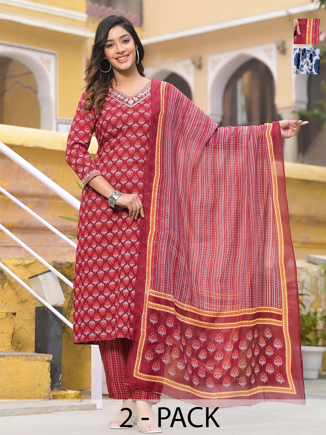 KALINI Selection Of 2 Ethnic Motifs Printed V-Neck Straight Kurta With Trouser & Dupatta, Red
KALINI Selection Of 2 Ethnic Motifs Printed V-Neck Straight Kurta With Trouser & Dupatta, Red