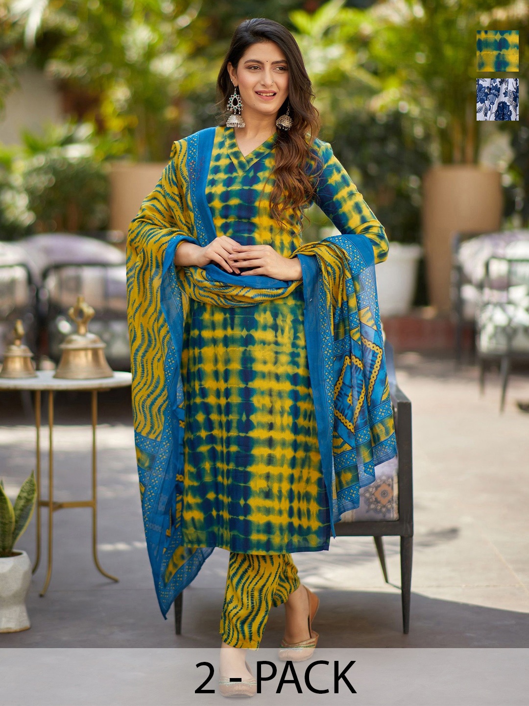 KALINI Selection Of 2 Ethnic Motifs Printed V-Neck Kurtas With Trousers And Dupattas, Yellow
KALINI Selection Of 2 Ethnic Motifs Printed V-Neck Kurtas With Trousers And Dupattas, Yellow