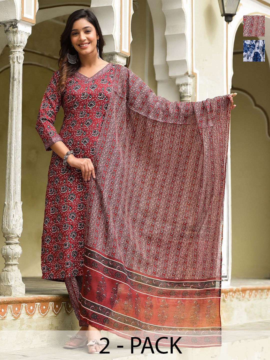 KALINI Selection Of 2 Floral Printed V-Neck Straight Kurta With Trouser And Dupatta, Maroon
KALINI Selection Of 2 Floral Printed V-Neck Straight Kurta With Trouser And Dupatta, Maroon