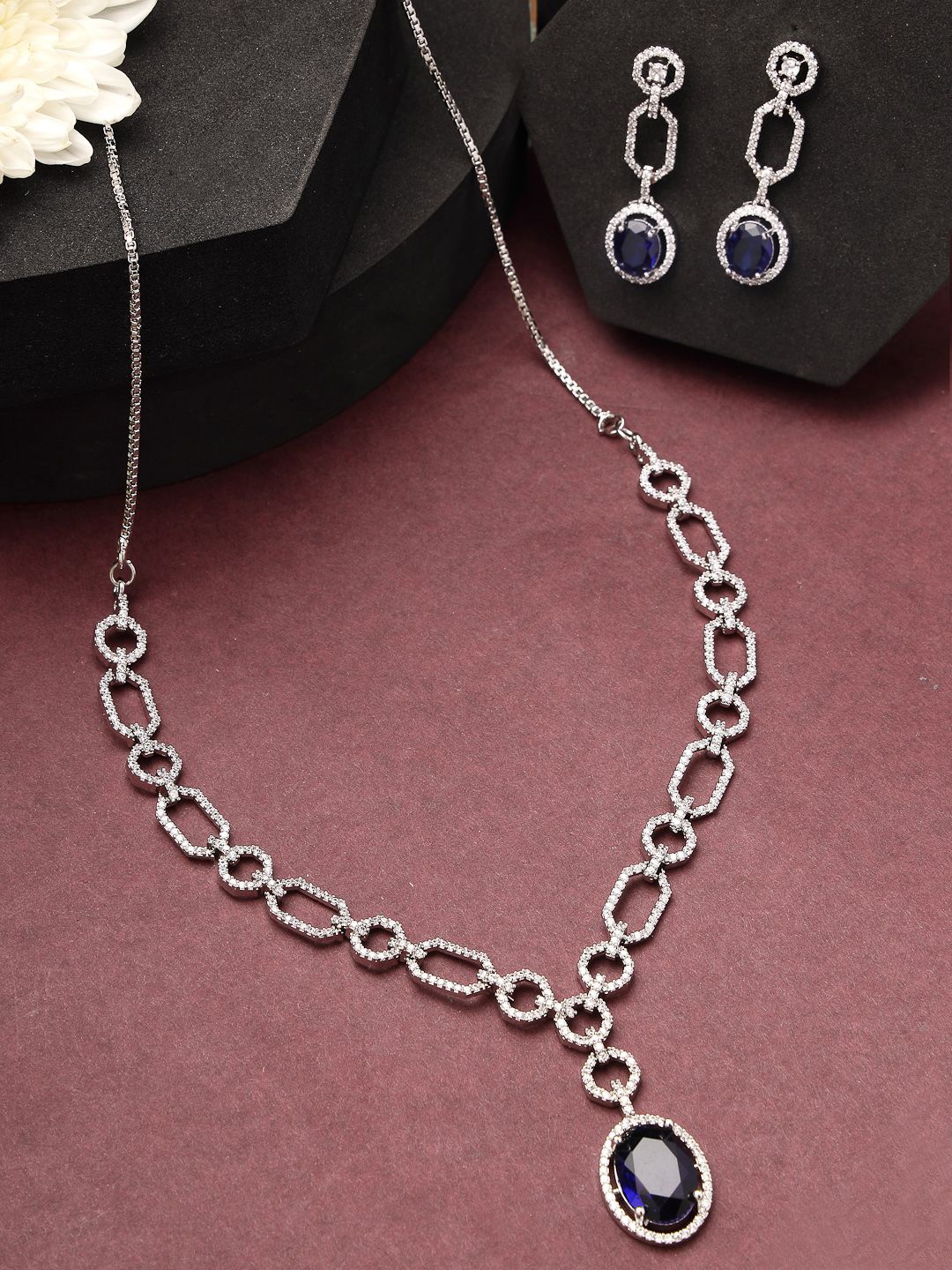 ZENEME Rhodium-Plated Blue American Diamond Contemporary Detailing Necklace & Earring Set, Silver
ZENEME Rhodium-Plated Blue American Diamond Contemporary Detailing Necklace & Earring Set, Silver