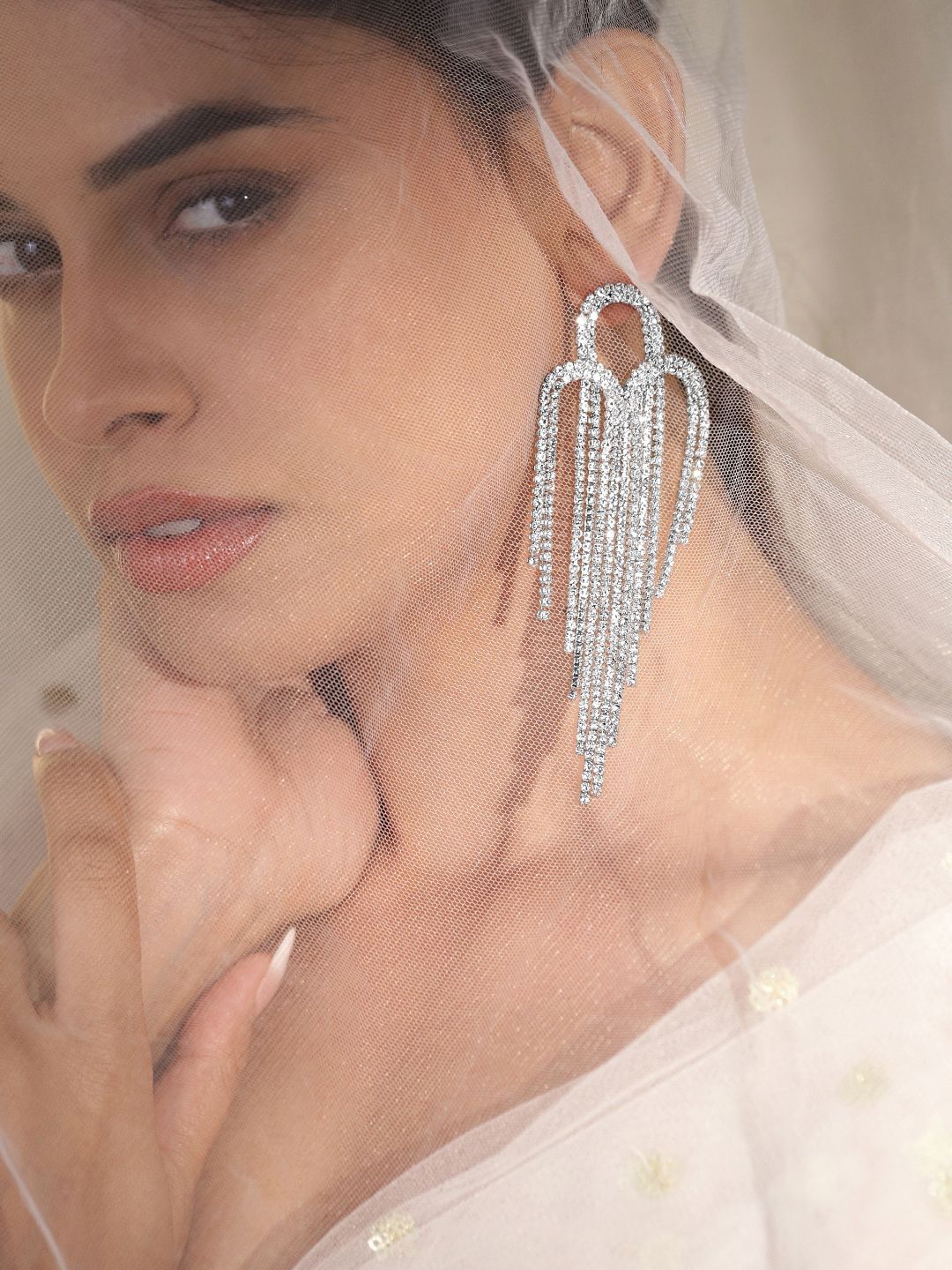 Rubans Rhodium-Plated Brass Crystal Studded Contemporary Shaped Drop Earrings, Silver
Rubans Rhodium-Plated Brass Crystal Studded Contemporary Shaped Drop Earrings, Silver