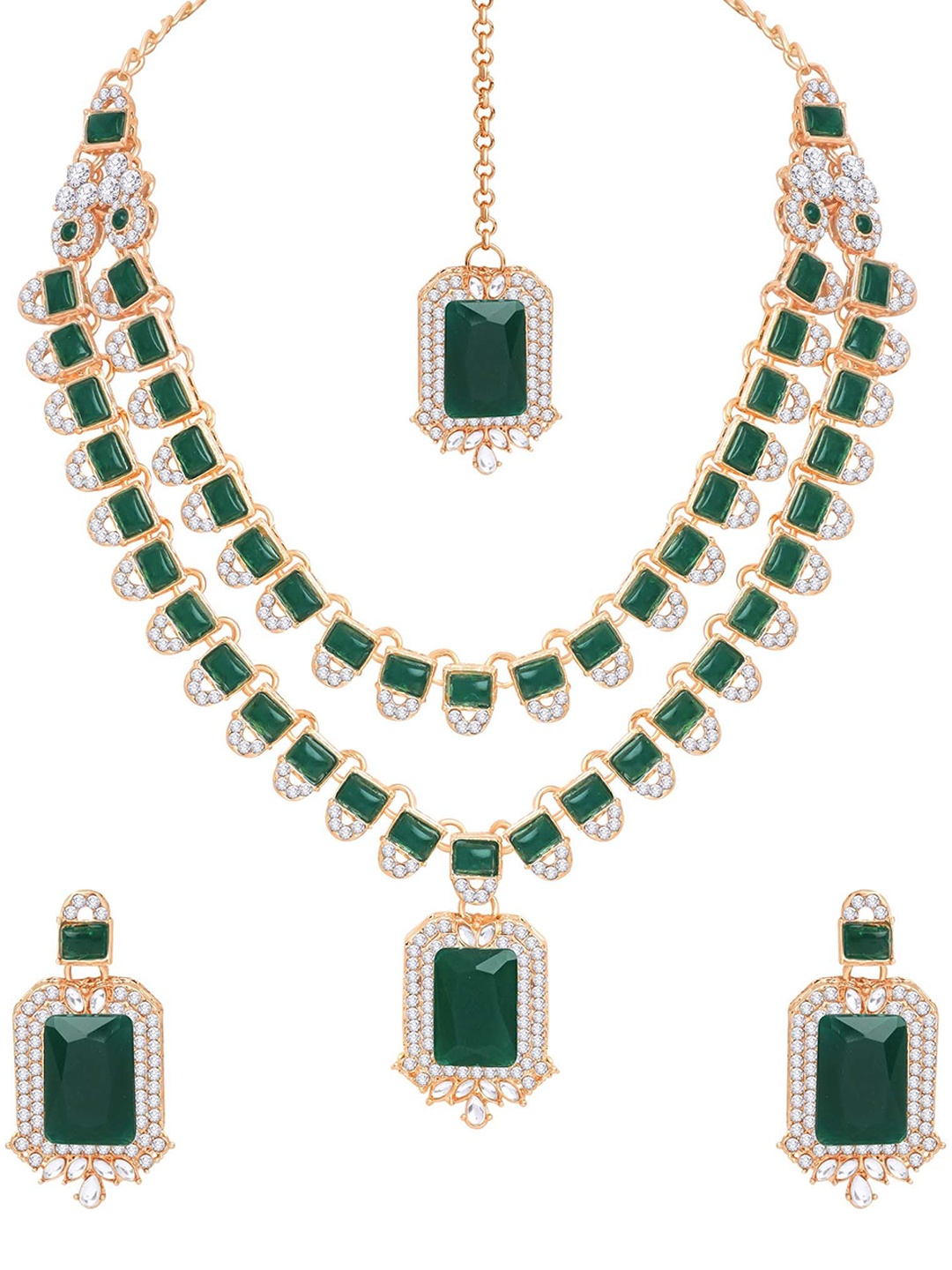 Atasi International Gold-Plated Emerlad Style AD-Studded Necklace & Earrings Maang Tika
Atasi International Gold-Plated Emerlad Style AD-Studded Necklace & Earrings Maang Tika