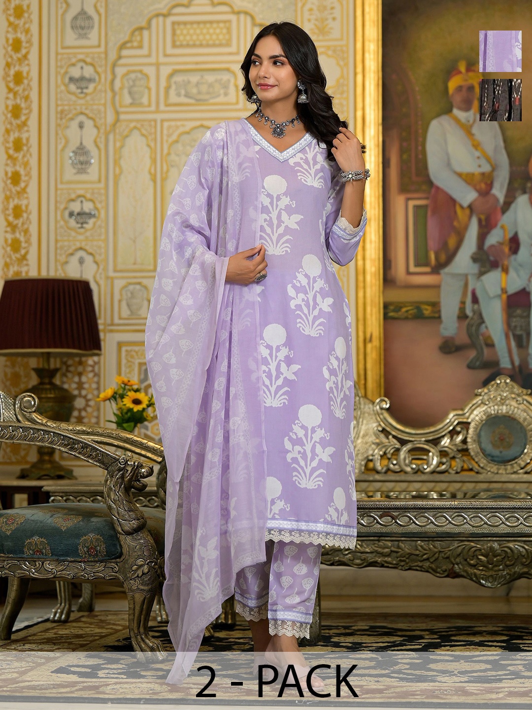 KALINI Selection of 2 Floral Printed V- Neck Straight Kurta With Trousers And Dupatta, Lavender
KALINI Selection of 2 Floral Printed V- Neck Straight Kurta With Trousers And Dupatta, Lavender