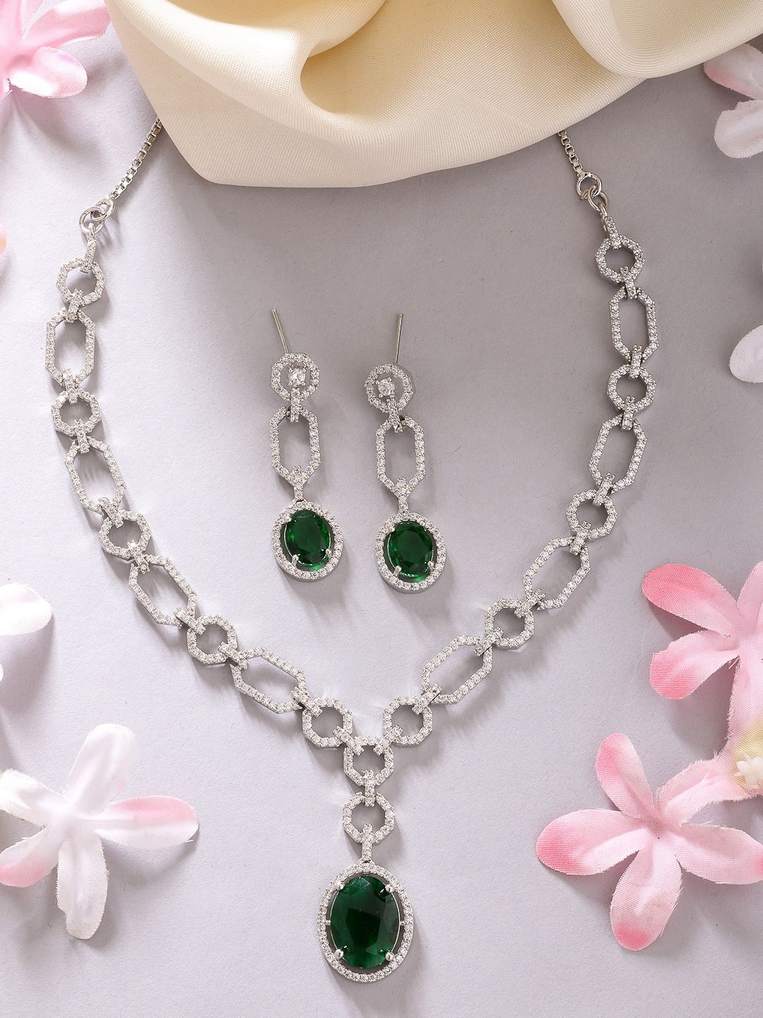 ZENEME Rhodium-Plated Green American Diamond Contemporary Detailing Necklace & Earring Set, Silver
ZENEME Rhodium-Plated Green American Diamond Contemporary Detailing Necklace & Earring Set, Silver