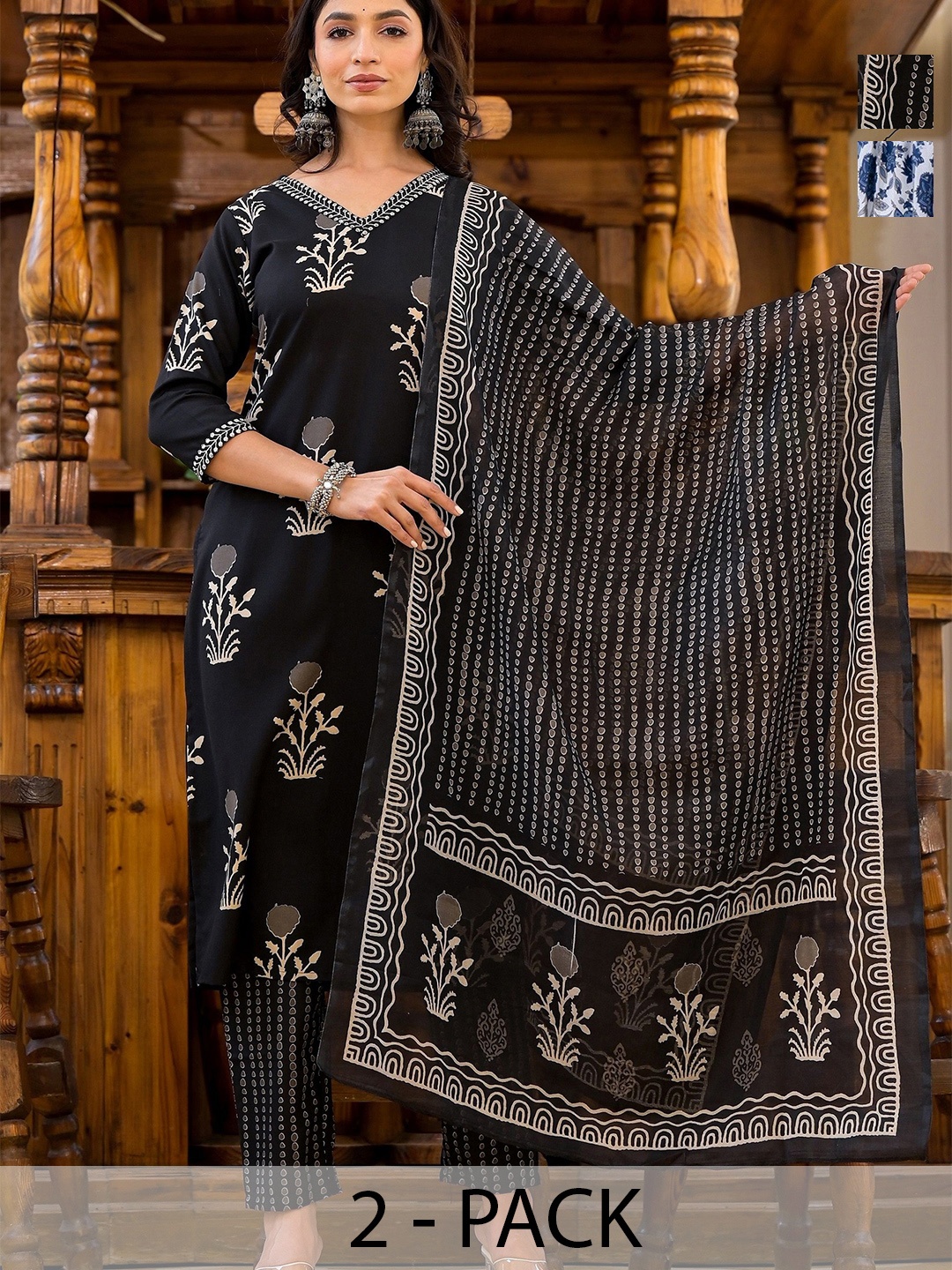 KALINI Selection of 2 Floral Printed V-Neck Straight Kurta With Trousers And Dupatta, Black
KALINI Selection of 2 Floral Printed V-Neck Straight Kurta With Trousers And Dupatta, Black