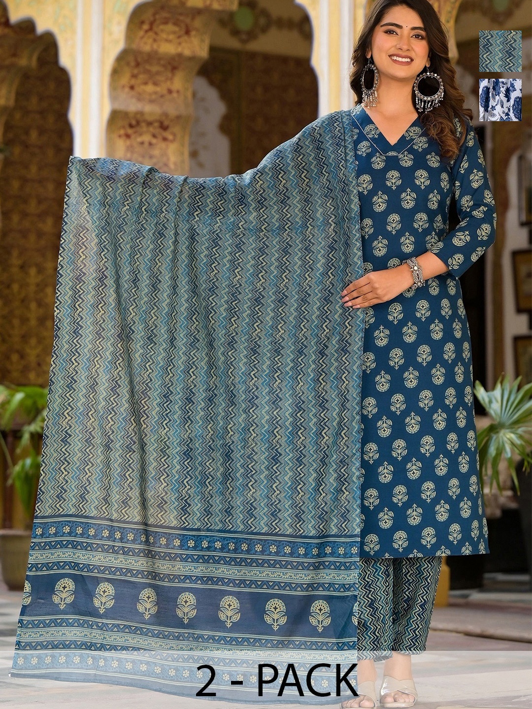 KALINI Selection of 2 Floral Printed V-Neck Straight Kurta With Trousers And Dupatta, Blue
KALINI Selection of 2 Floral Printed V-Neck Straight Kurta With Trousers And Dupatta, Blue