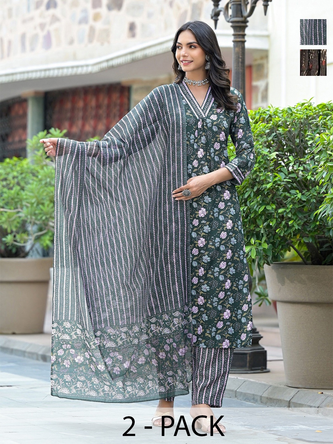 KALINI Selection Of 2 Floral Printed V-Neck A-Line Kurta With Trouser And Dupatta, Green
KALINI Selection Of 2 Floral Printed V-Neck A-Line Kurta With Trouser And Dupatta, Green