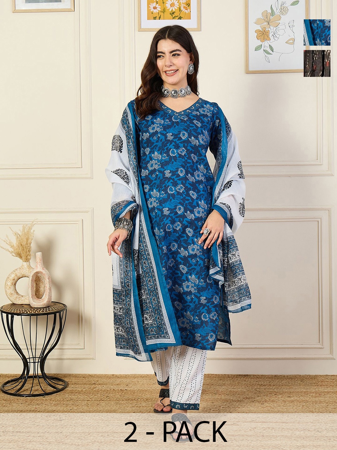 KALINI Selection Of 2 Floral Printed V-Neck Straight Kurta With Trouser And Dupatta, Blue
KALINI Selection Of 2 Floral Printed V-Neck Straight Kurta With Trouser And Dupatta, Blue